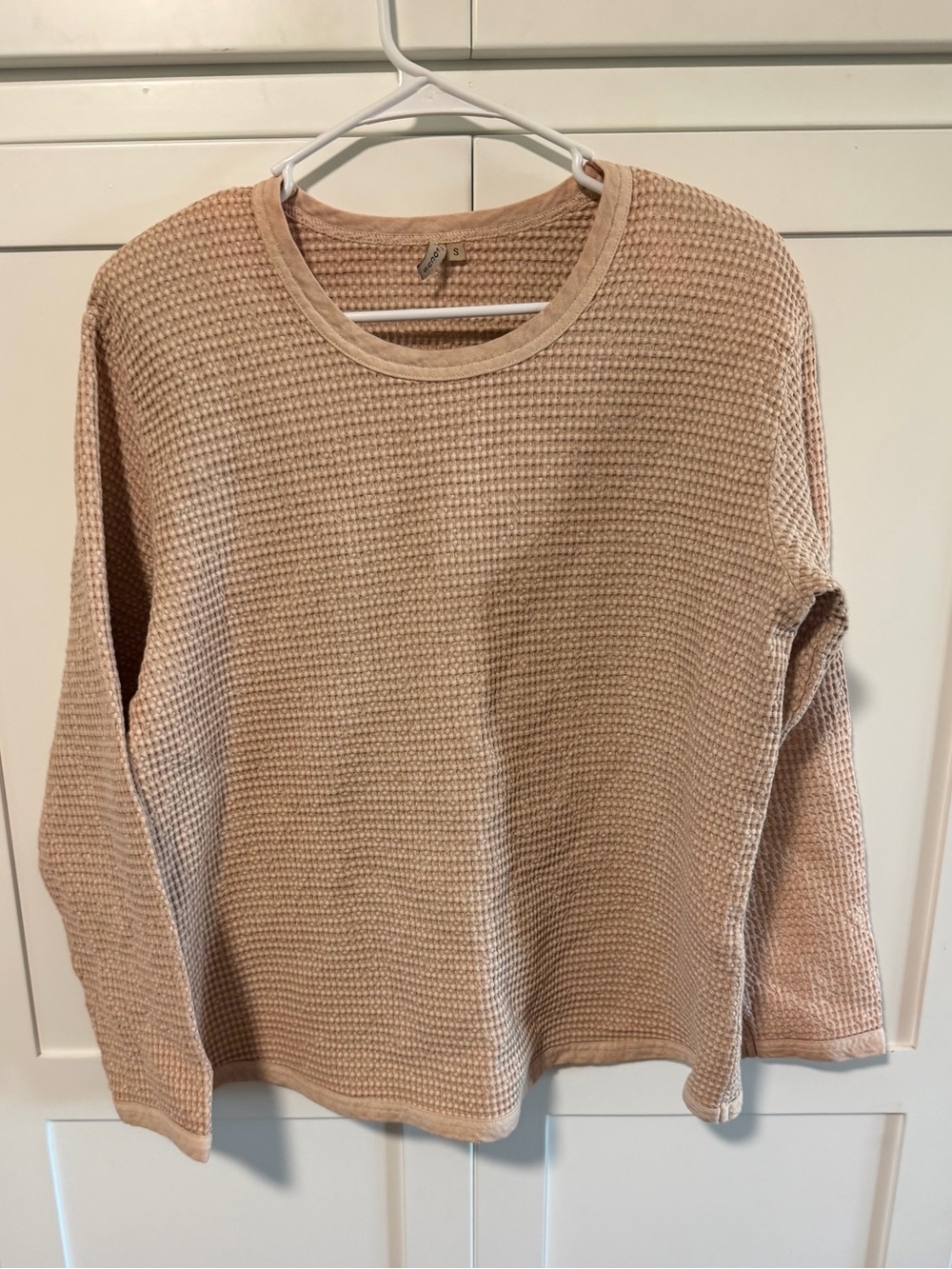 Waffle Knit 100% Cotton Crew Neck Oversized Top with shoulder pads - tan